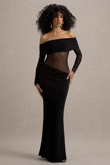 Belamour Black Semi-Sheer Bardot Gathered Maxi Dress